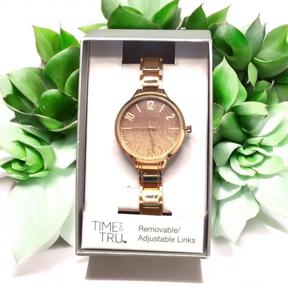 Time And Tru Womens Rose Gold Tone Glitter Dial Analog Bracelet Watch